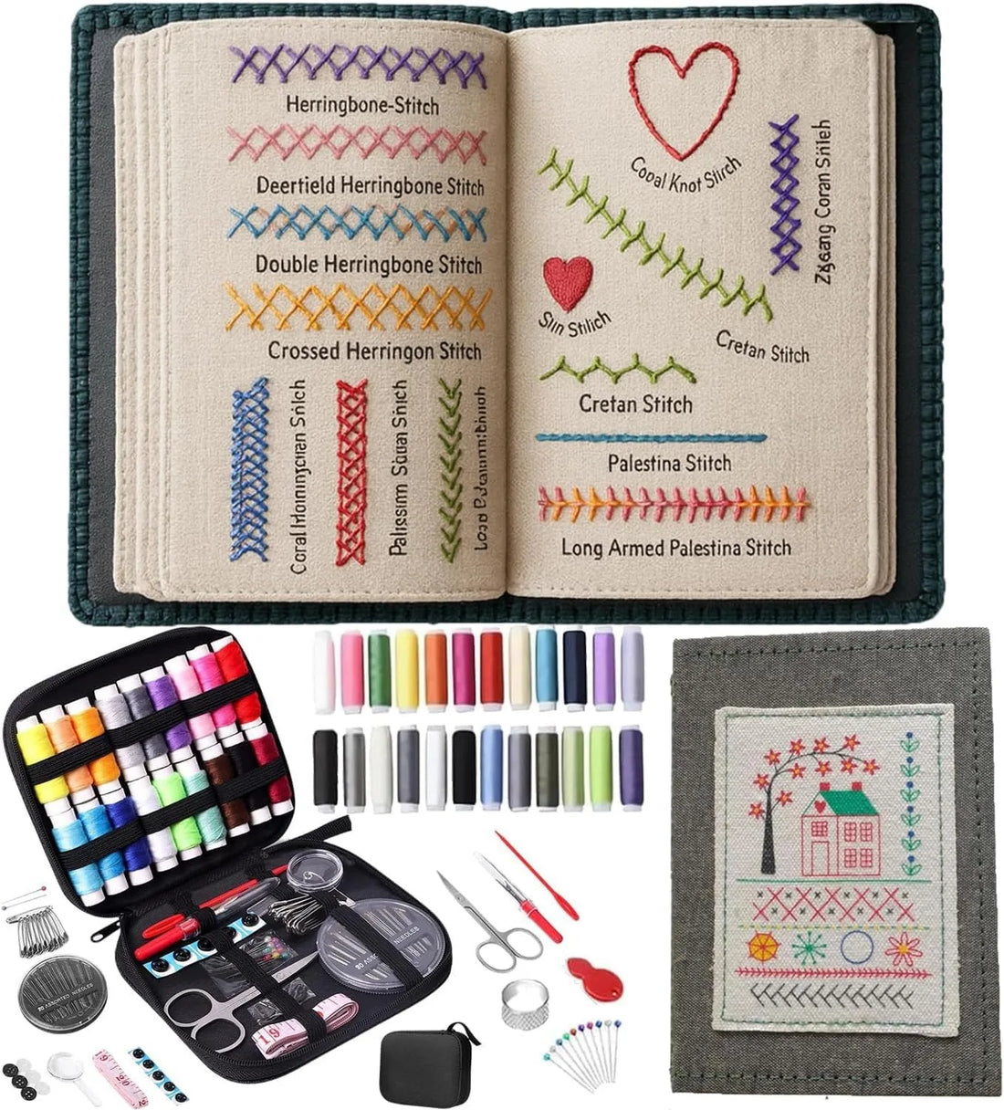 Upgraded Embroidery Stitch Book Kit, 106 Patterns with Tools &amp; Tutorials, 86 PCS Beginner Embroidery Kit, Portable All-in-One